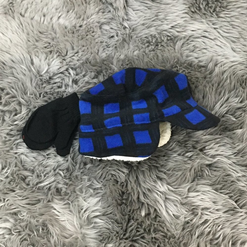 Unbranded | Boys Winter Hat and Mitten Set | Blue & Black Plaid | Size Toddler